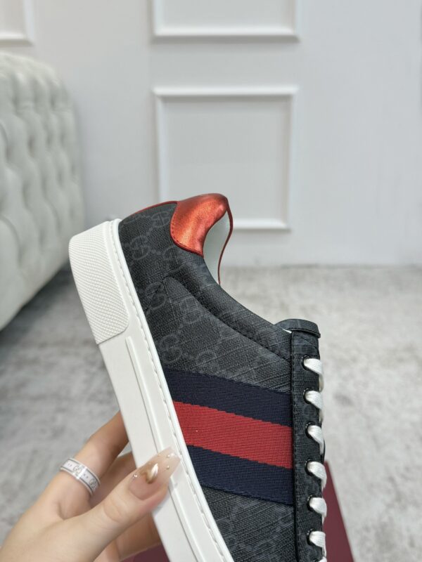 sy_no_0C9A8011865BB58C6BA204F5BC79F309_7 Gucci Screener GG Supreme Canvas Sneaker in Black & Grey with Blue/Red Web Stripe