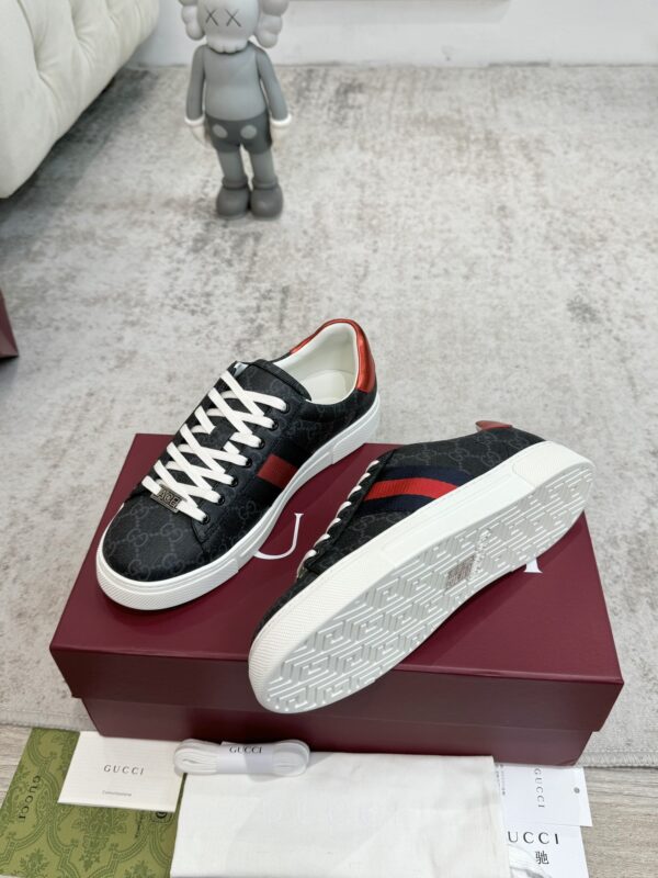 sy_no_0C9A8011865BB58C6BA204F5BC79F309_8 Gucci Screener GG Supreme Canvas Sneaker in Black & Grey with Blue/Red Web Stripe