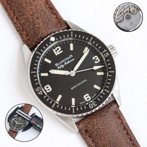 BLANCPEIN Fifty Fathoms Series Automatic Mechanical Movement 300m Waterproof Men's Watch Swiss Watch 38mm Black Dial Stainless Steel Case Leather Strap