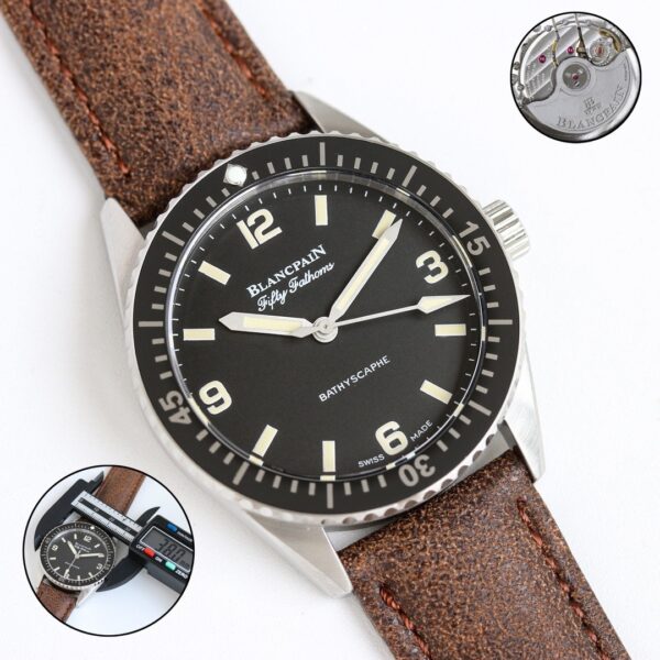 BLANCPEIN Fifty Fathoms Series Automatic Mechanical Movement 300m Waterproof Men's Watch Swiss Watch 38mm Black Dial Stainless Steel Case Leather Strap