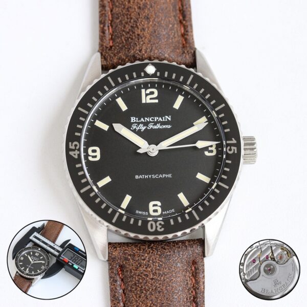 BLANCPEIN Fifty Fathoms Series Automatic Mechanical Movement 300m Waterproof Men's Watch Swiss Watch 38mm Black Dial Stainless Steel Case Leather Strap