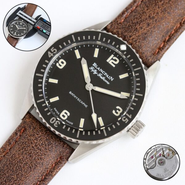 BLANCPEIN Fifty Fathoms Series Automatic Mechanical Movement 300m Waterproof Men's Watch Swiss Watch 38mm Black Dial Stainless Steel Case Leather Strap