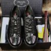 sy_no_0F396EE2C87DB84394A122648BF048D6_0 Prada Black Glossy Croc-Embossed Leather Low-Top Sneaker