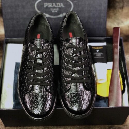 Prada Black Glossy Croc-Embossed Leather Low-Top Sneaker
