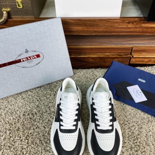 Prada Black White Leather Triangle Chunky Sneaker