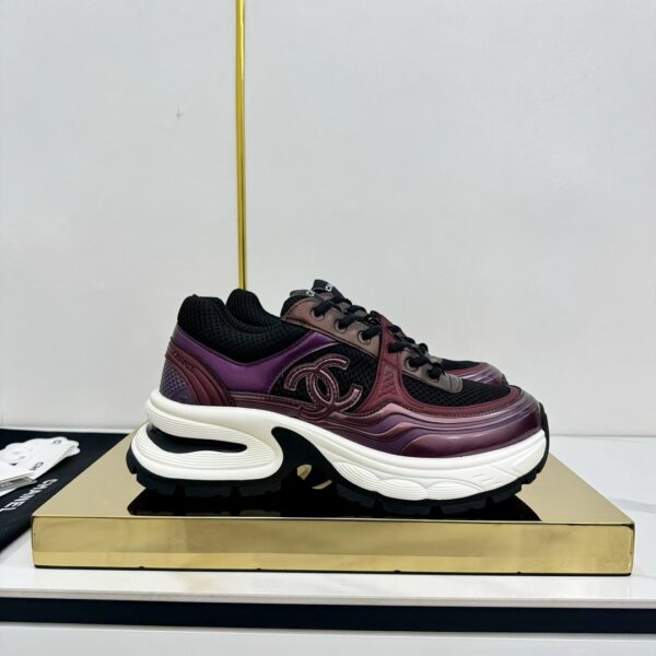 sy_no_130060669755ADF64D714FD6F0B0FCEA_0 Chanel Burgundy and Metallic Plum Chunky Sneaker with Black Mesh and CC Logo