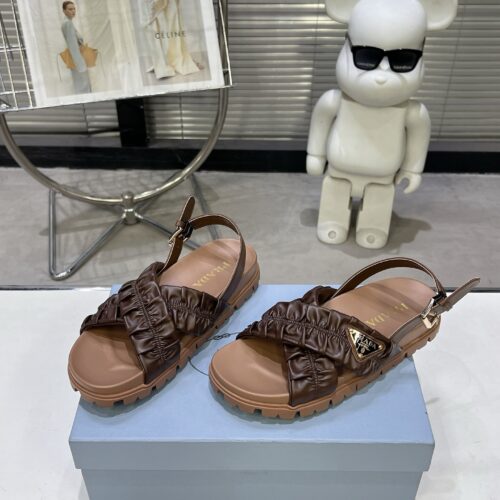 sy_no_134E0DE900F68A63FF12289C949D070D_0 Prada Tan Ruched Cross-Strap Platform Sandal