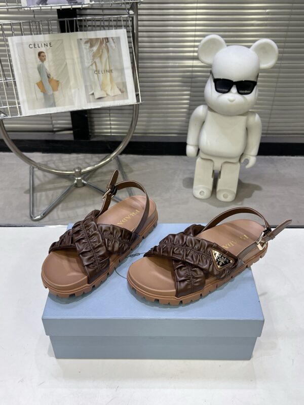 sy_no_134E0DE900F68A63FF12289C949D070D_0 Prada Tan Ruched Cross-Strap Platform Sandal