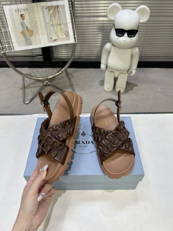 sy_no_134E0DE900F68A63FF12289C949D070D_1 Prada Tan Ruched Cross-Strap Platform Sandal