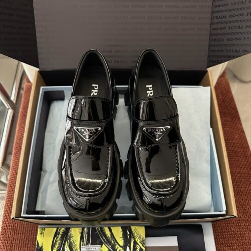 Prada Black Patent Silver Triangle Chunky Loafer