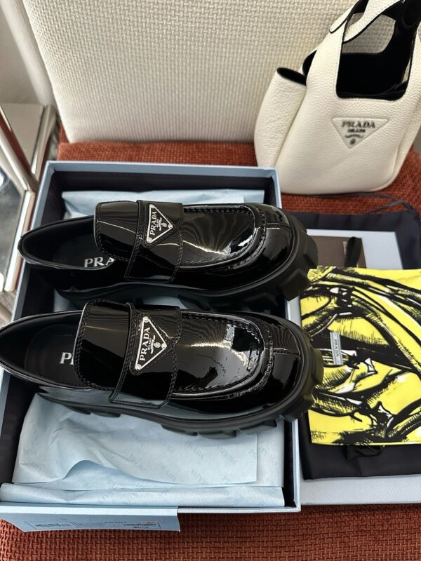 Prada Black Patent Silver Triangle Chunky Loafer
