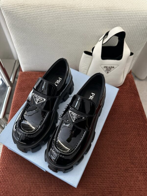 Prada Black Patent Silver Triangle Chunky Loafer