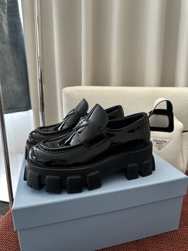 Prada Black Patent Silver Triangle Chunky Loafer