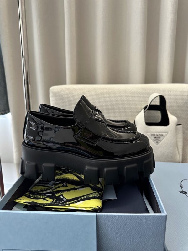 Prada Black Patent Silver Triangle Chunky Loafer
