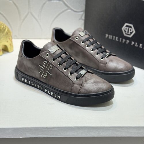 Philipp Plein Brown Vintage Leather Metal-Logo Low-Top Sneaker