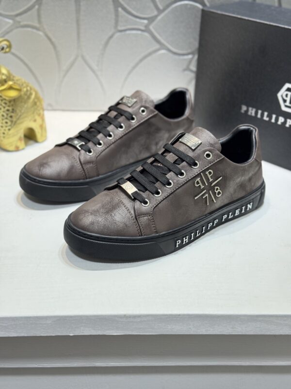 Philipp Plein Brown Vintage Leather Metal-Logo Low-Top Sneaker