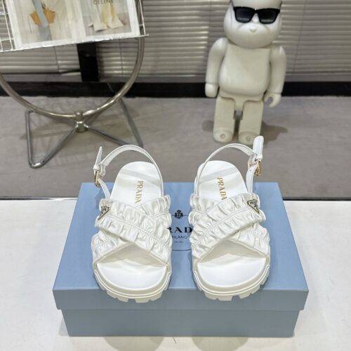 sy_no_16805AC505BDE005861C003E3113BECD_0 Prada White Satin Ruched Cross-Strap Platform Sandal