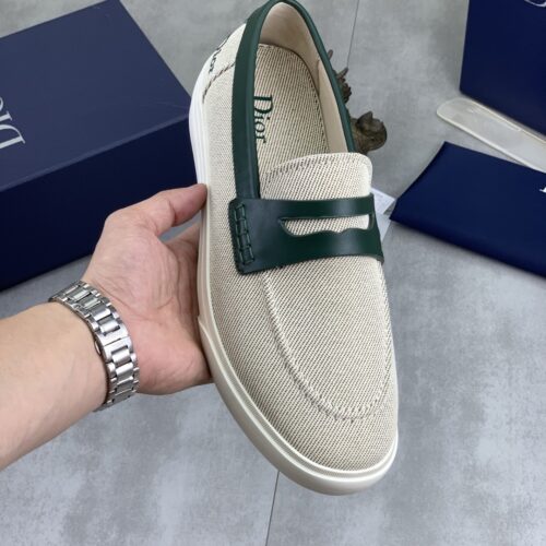 Dior Beige Canvas Green Leather Penny Loafer