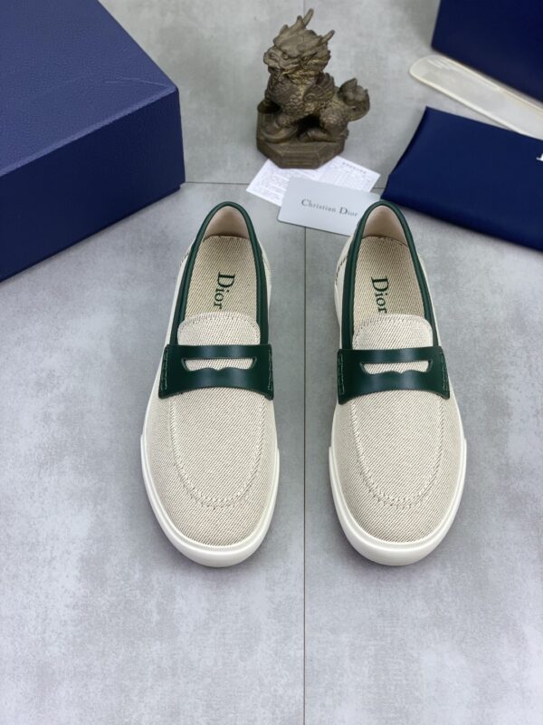 sy_no_1820EB1EB5EFB5A8551F7CBC802A8394_1 Dior Beige Canvas Green Leather Penny Loafer
