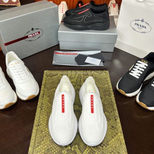 sy_no_1B84C9C09155AA6C55D2D01F890151C3_0 Prada White Knit Red-Label Slip-On Platform Sneaker