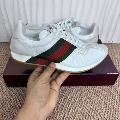 sy_no_1BFE7D7CDD4D40D3ABF30578A70CEB1A_0 Gucci Re-Web Sneaker in White Mesh & Suede with Green/Red Web Stripe