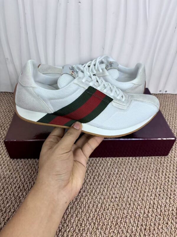 sy_no_1BFE7D7CDD4D40D3ABF30578A70CEB1A_0 Gucci Re-Web Sneaker in White Mesh & Suede with Green/Red Web Stripe