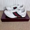 sy_no_1BFE7D7CDD4D40D3ABF30578A70CEB1A_1 Gucci Re-Web Sneaker in White Mesh & Suede with Green/Red Web Stripe