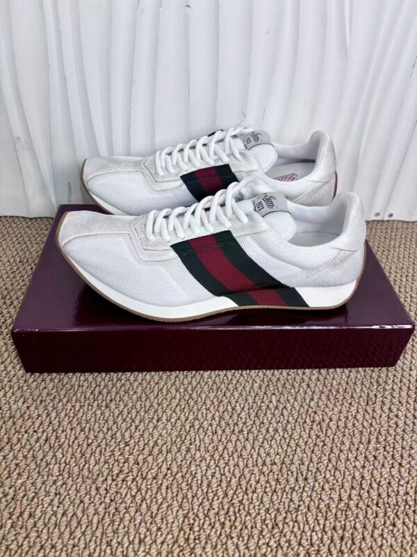 sy_no_1BFE7D7CDD4D40D3ABF30578A70CEB1A_1 Gucci Re-Web Sneaker in White Mesh & Suede with Green/Red Web Stripe