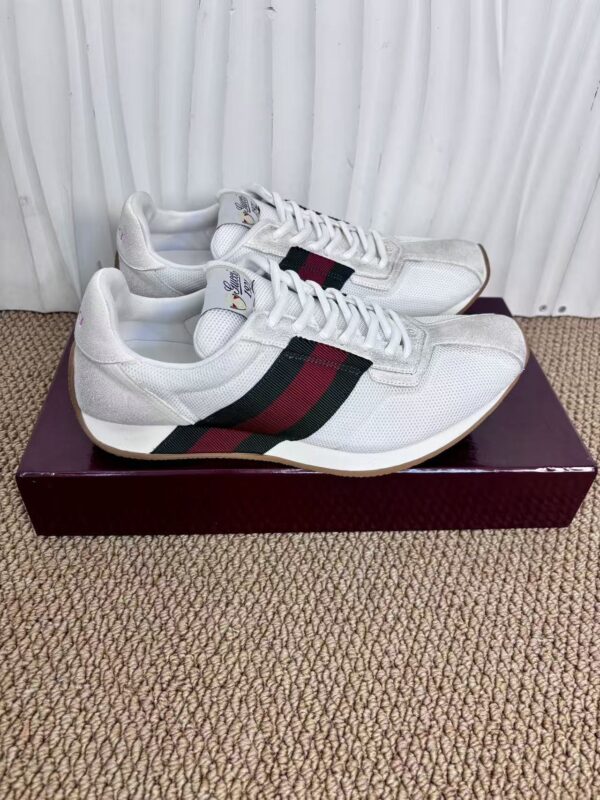 sy_no_1BFE7D7CDD4D40D3ABF30578A70CEB1A_2 Gucci Re-Web Sneaker in White Mesh & Suede with Green/Red Web Stripe