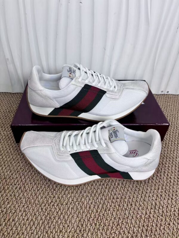 sy_no_1BFE7D7CDD4D40D3ABF30578A70CEB1A_3 Gucci Re-Web Sneaker in White Mesh & Suede with Green/Red Web Stripe