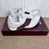 sy_no_1BFE7D7CDD4D40D3ABF30578A70CEB1A_4 Gucci Re-Web Sneaker in White Mesh & Suede with Green/Red Web Stripe