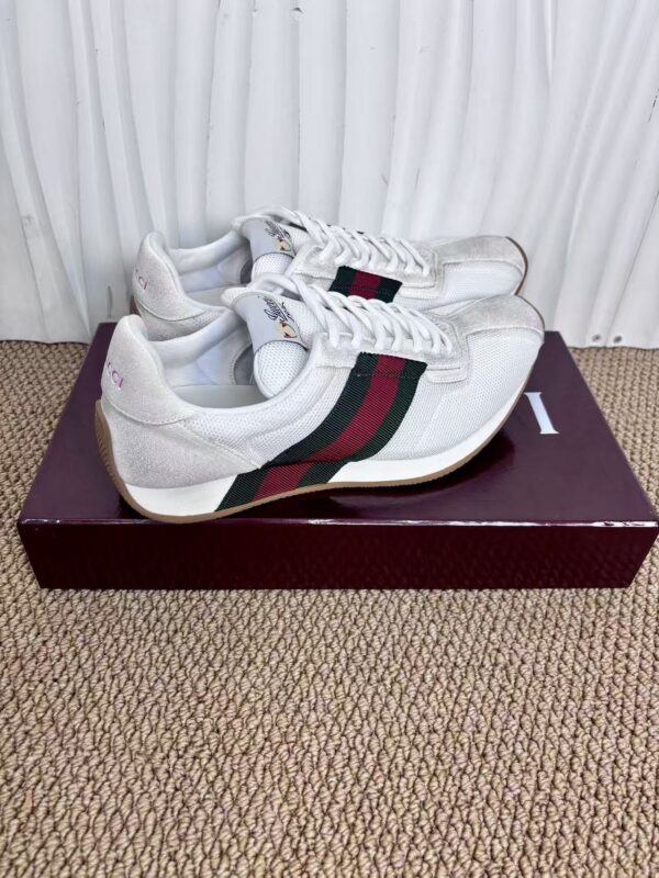 sy_no_1BFE7D7CDD4D40D3ABF30578A70CEB1A_4 Gucci Re-Web Sneaker in White Mesh & Suede with Green/Red Web Stripe