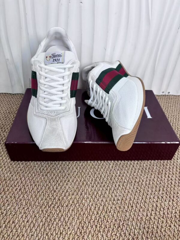 sy_no_1BFE7D7CDD4D40D3ABF30578A70CEB1A_6 Gucci Re-Web Sneaker in White Mesh & Suede with Green/Red Web Stripe