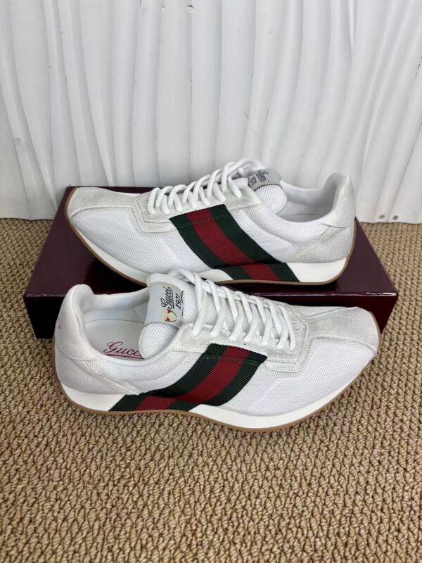 sy_no_1BFE7D7CDD4D40D3ABF30578A70CEB1A_7 Gucci Re-Web Sneaker in White Mesh & Suede with Green/Red Web Stripe