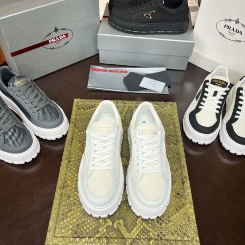 sy_no_1C40D928BAA547468CABBF707EBDF449_0 Prada Off-White Mesh Metal-Triangle Tread Platform Sneaker