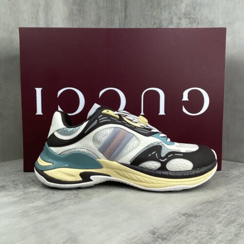 sy_no_1FAF3572BDF920565E64D3C2CF80543C_0 Gucci Re-Web / Chunky Technical Sneaker in Brown, Blue & Yellow with Web Stripe