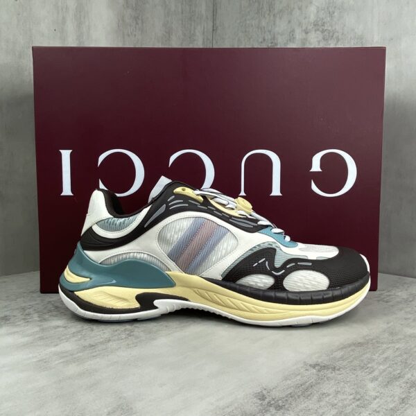 sy_no_1FAF3572BDF920565E64D3C2CF80543C_0 Gucci Re-Web / Chunky Technical Sneaker in Brown, Blue & Yellow with Web Stripe