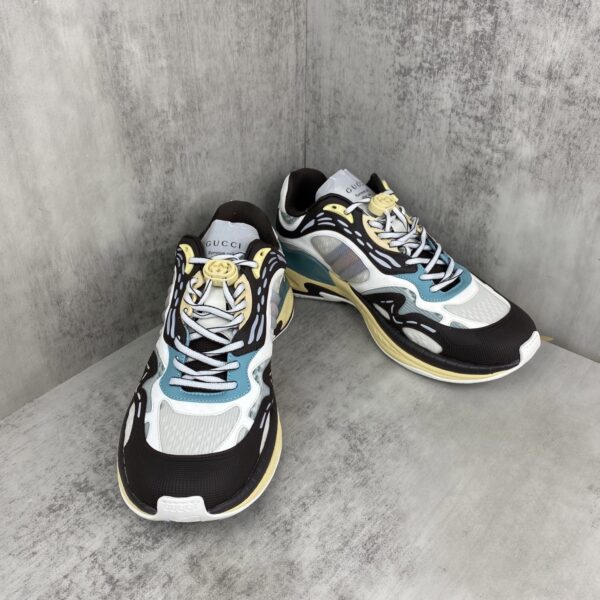 sy_no_1FAF3572BDF920565E64D3C2CF80543C_1 Gucci Re-Web / Chunky Technical Sneaker in Brown, Blue & Yellow with Web Stripe