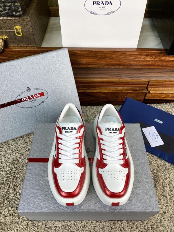 Prada White Metallic Red Triangle Logo Chunky Court Sneaker