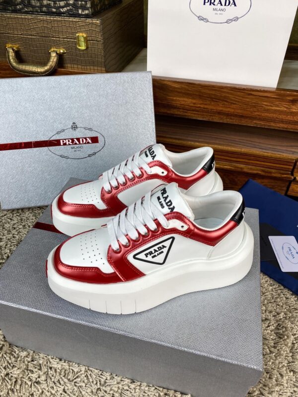 Prada White Metallic Red Triangle Logo Chunky Court Sneaker