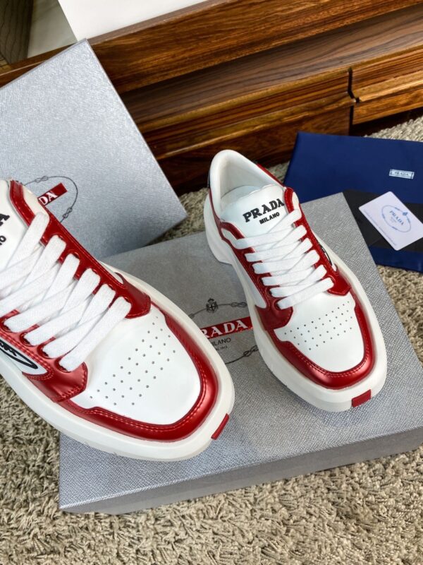 Prada White Metallic Red Triangle Logo Chunky Court Sneaker