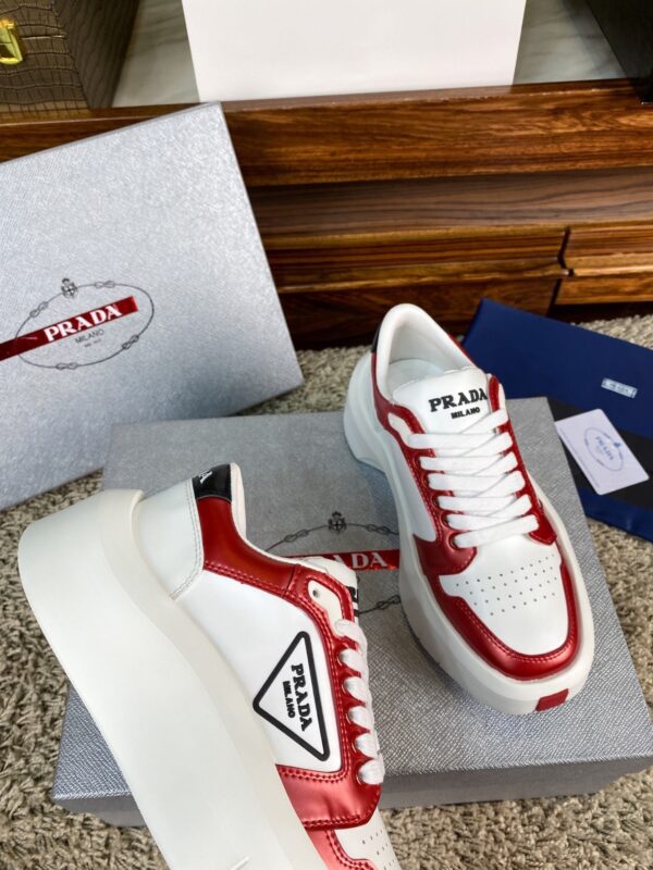 Prada White Metallic Red Triangle Logo Chunky Court Sneaker