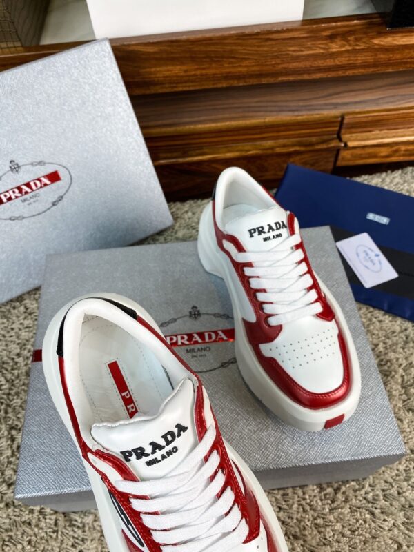 Prada White Metallic Red Triangle Logo Chunky Court Sneaker