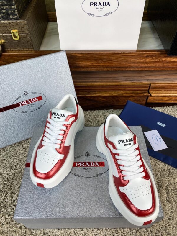Prada White Metallic Red Triangle Logo Chunky Court Sneaker