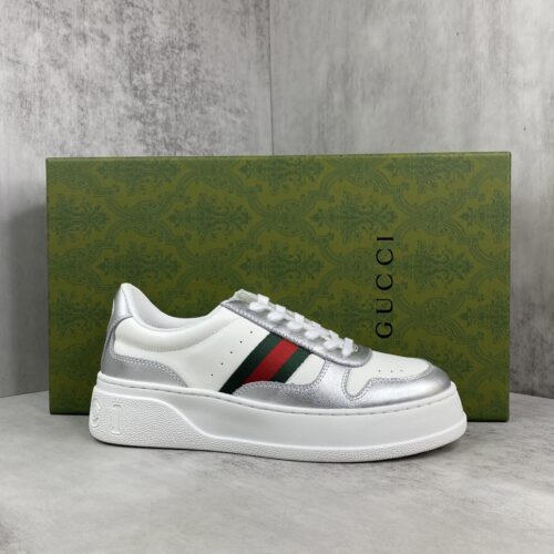 sy_no_2707F166C3E556AE2F8C3BFF7E3B996F_0 Gucci Metallic Silver & White Chunky Platform Sneaker with Web Stripe