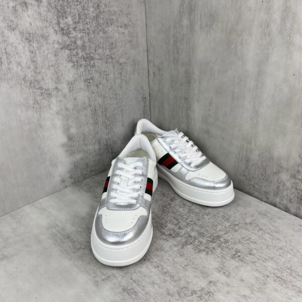 Gucci Metallic Silver & White Chunky Platform Sneaker with Web Stripe