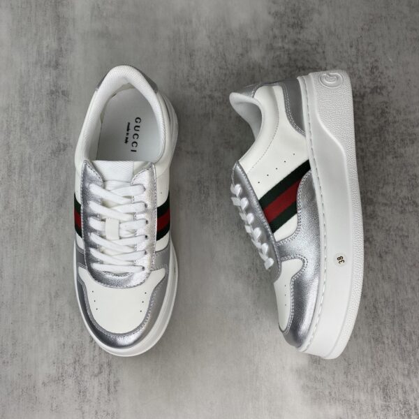 Gucci Metallic Silver & White Chunky Platform Sneaker with Web Stripe