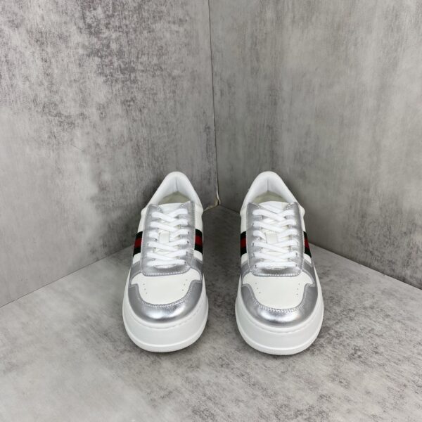 Gucci Metallic Silver & White Chunky Platform Sneaker with Web Stripe