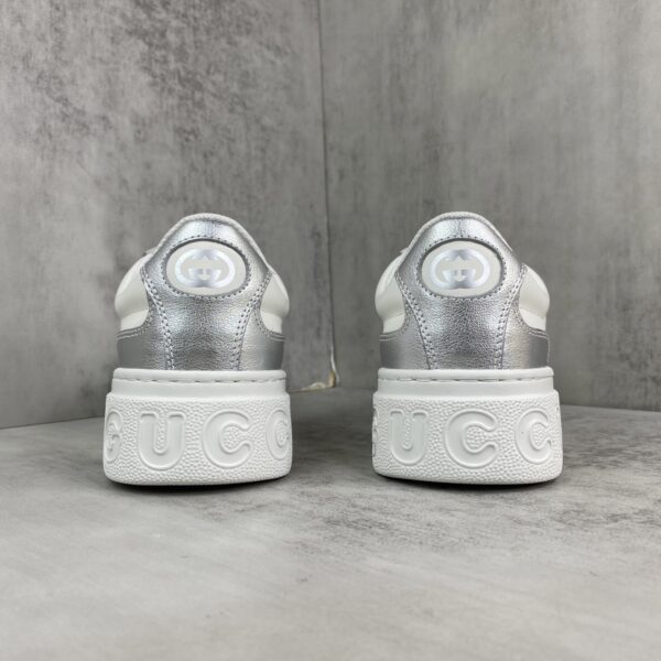 Gucci Metallic Silver & White Chunky Platform Sneaker with Web Stripe