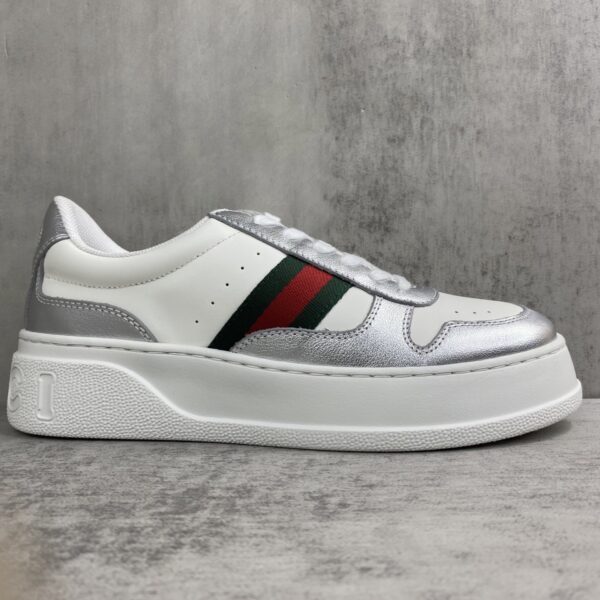 Gucci Metallic Silver & White Chunky Platform Sneaker with Web Stripe